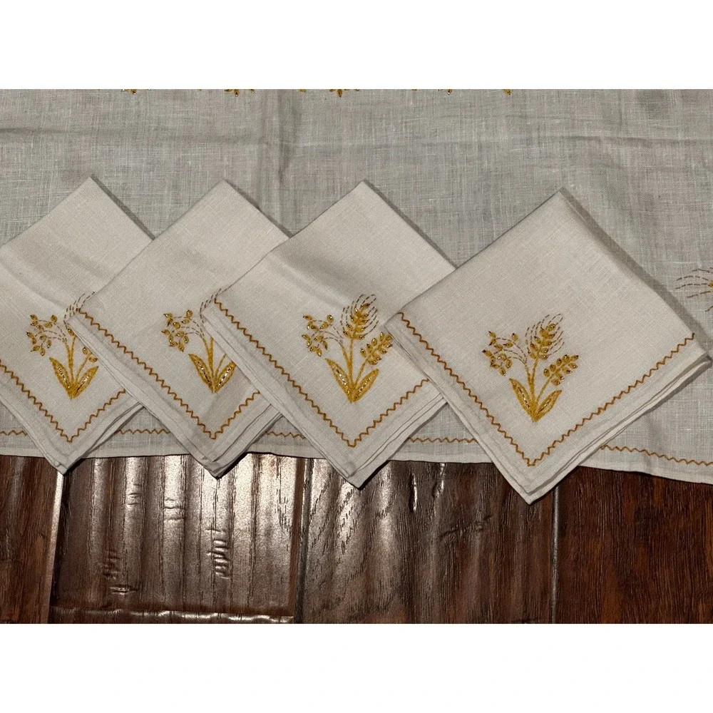 Vintage Linen Tablecloth & 4 Napkins Gold Floral Wheat Embroidered 37x38 Set 70s